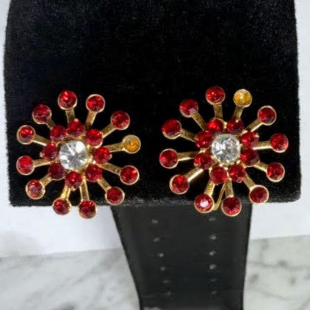 Mid Century 12K Gold Filled Red Rhinestone Fireworks Cluster Screw Back Earrings